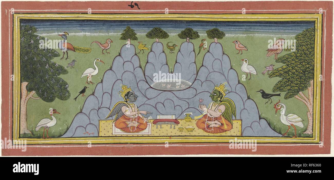 Due uccelli, seduto su una montagna, la lettura di un testo sacro. Relatore per parere: anonimo. Dating: 1700 - 1799. Luogo: Udaipur. Misurazioni: h 30 cm × W 42,5 cm; h 112 mm × W 277 mm; h 148 mm × W 311 mm. Museo: Rijksmuseum Amsterdam. Foto Stock
