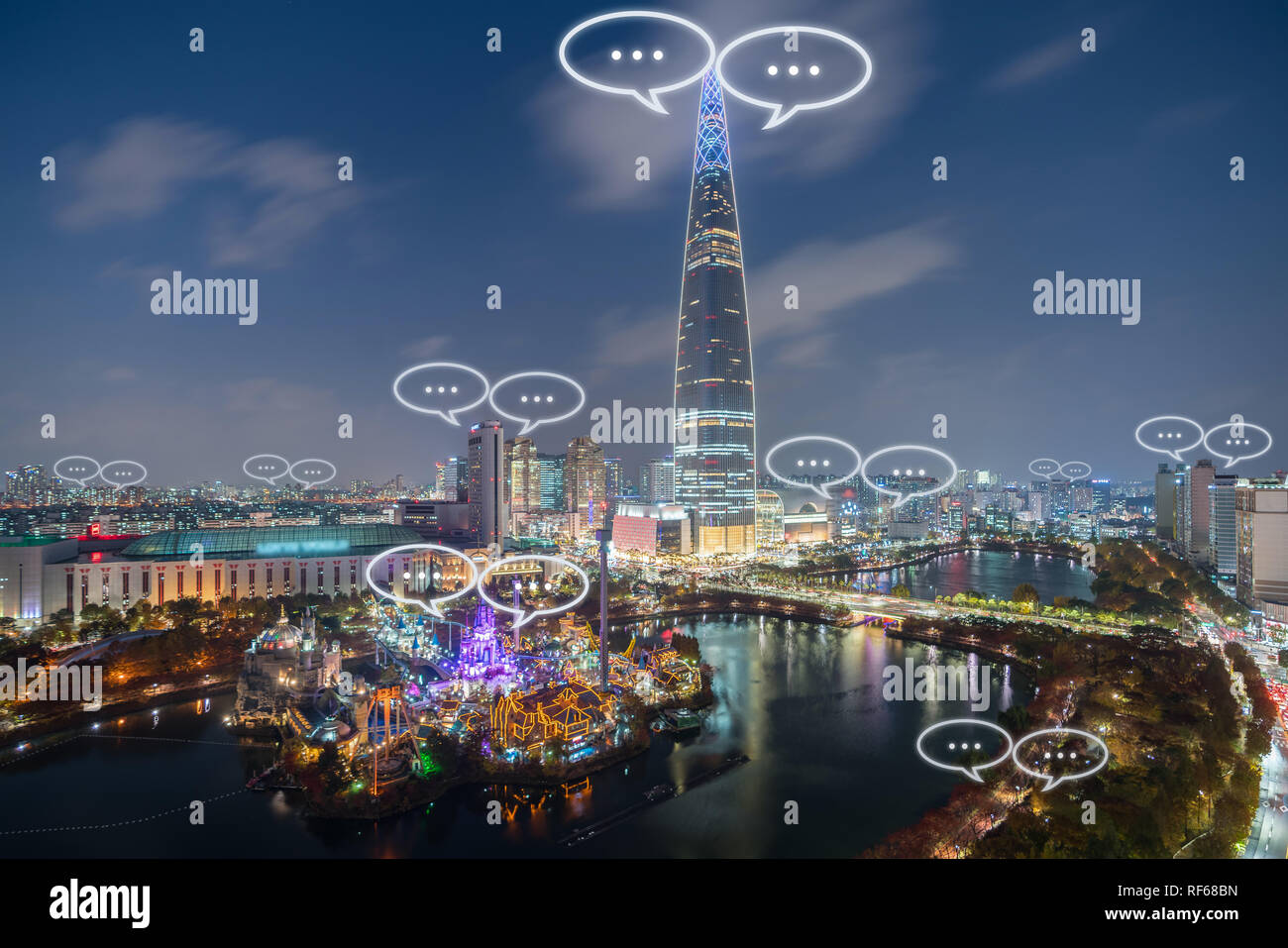 Spazio vuoto per il testo su Seoul Città e chat di bolla per la comunicazione. Tecnologia e concetto di comunicazione Foto Stock