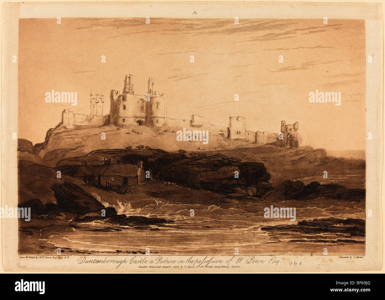 Dunstanborough Castello. Data: pubblicato 1808. Medium: attacco, acquatinta e mezzatinta. Museo: National Gallery of Art di Washington DC. Autore: Joseph Mallord William Turner e Charles Turner. Progettato e inciso da Joseph Mallord William Turner. TURNER, JOSEPH MALLORD WILLIAM. Foto Stock