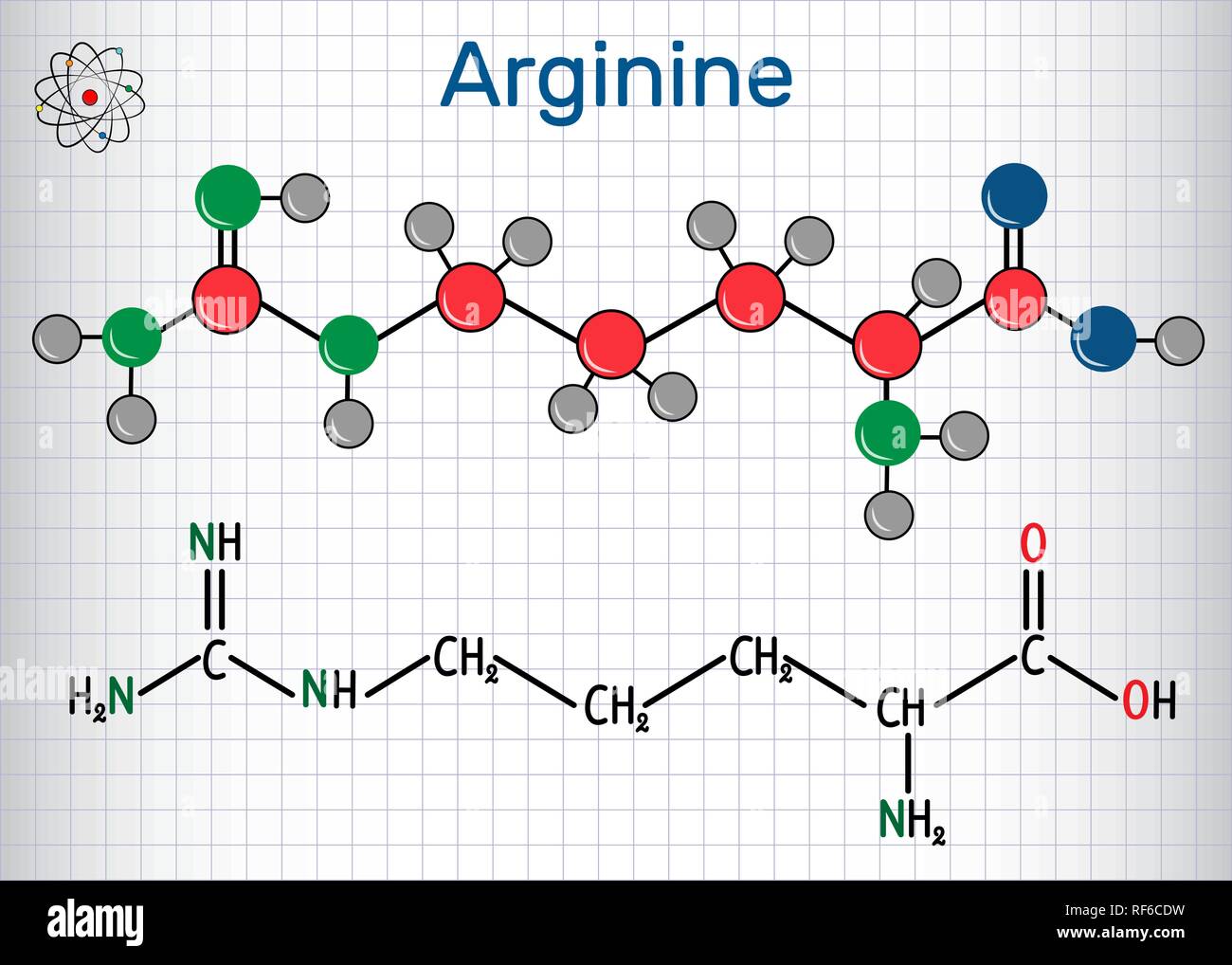 Arginina Arg (R) aminoacido molecola, è utilizzato nella biosintesi delle proteine . Formula chimica di struttura e la molecola modello. Foglio di carta in Illustrazione Vettoriale