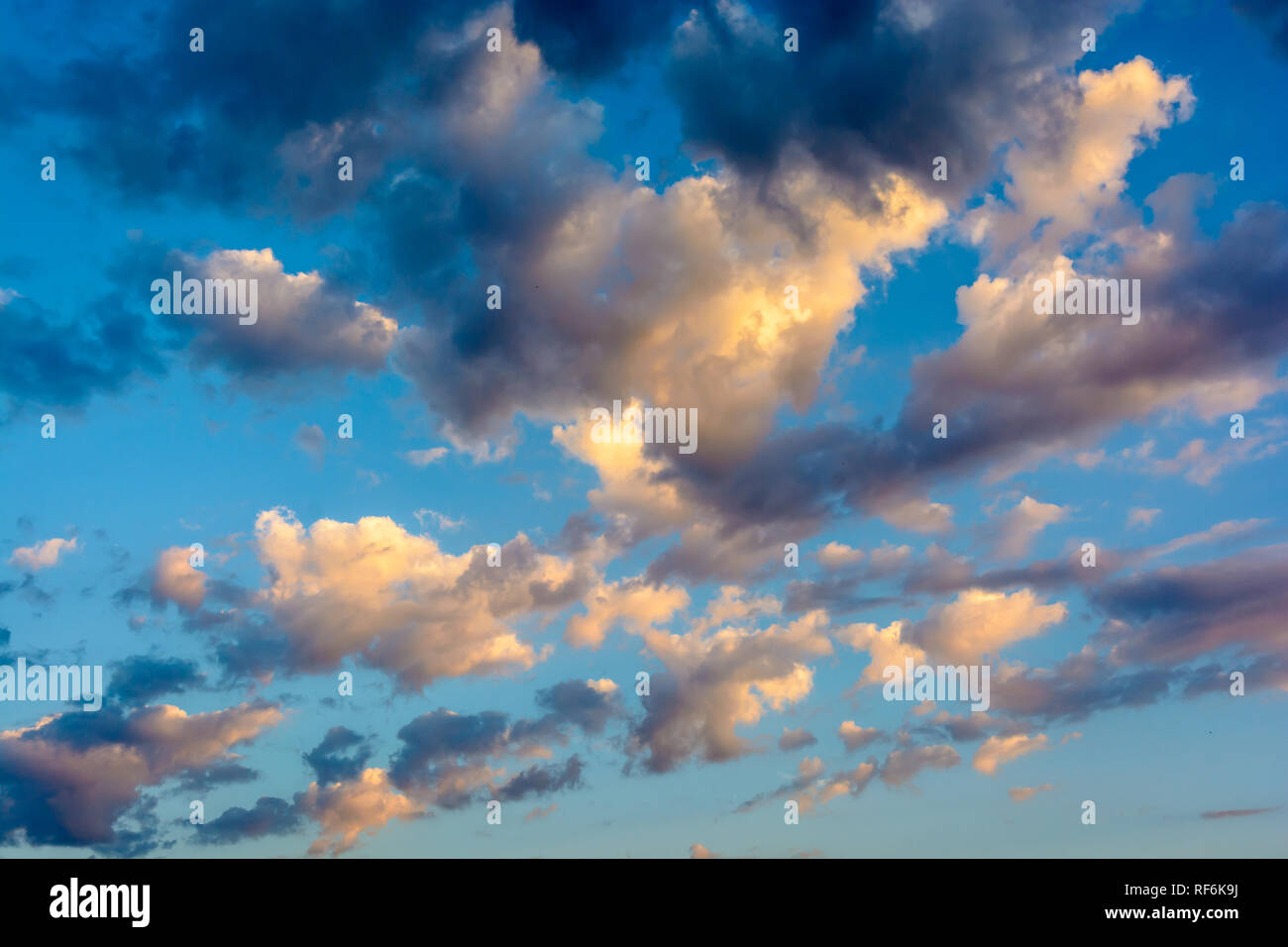 Paesaggio nuvoloso con nuvole scure e chiare di medie dimensioni illuminate dalla calda luce del sole che tramonta contro il cielo blu. Foto Stock