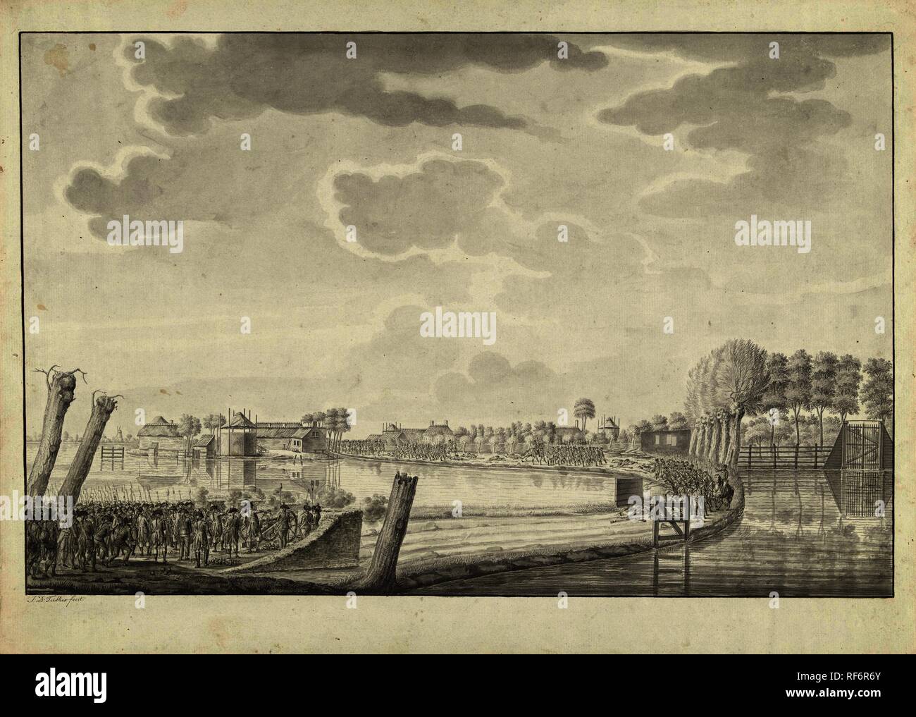 Attacco a Ouderkerk aan de Amstel, 1787. Relatore per parere: Jean George Teissier (firmato dall'artista). Dating: 1788 - 1790. Luogo: Nord dei Paesi Bassi. Misurazioni: h 359 mm × W 503 mm. Museo: Rijksmuseum Amsterdam. Foto Stock