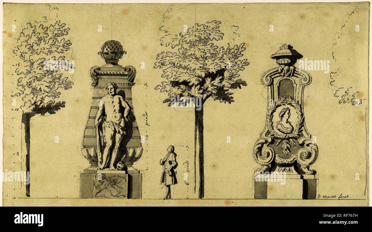 Disegni per due giardino ornamenti. Relatore per parere: Daniël Marot (II). Dating: 1705 - 1769. Misurazioni: h 246 mm × W 384 mm. Museo: Rijksmuseum Amsterdam. Foto Stock