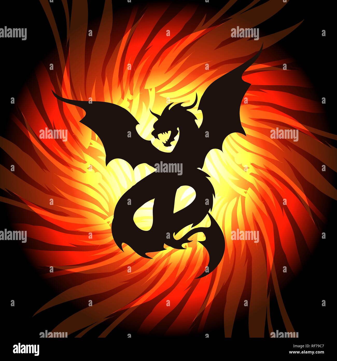 Silhouette di dragon sul fuoco di fiamma dello sfondo. Illustrazione Vettoriale. Illustrazione Vettoriale
