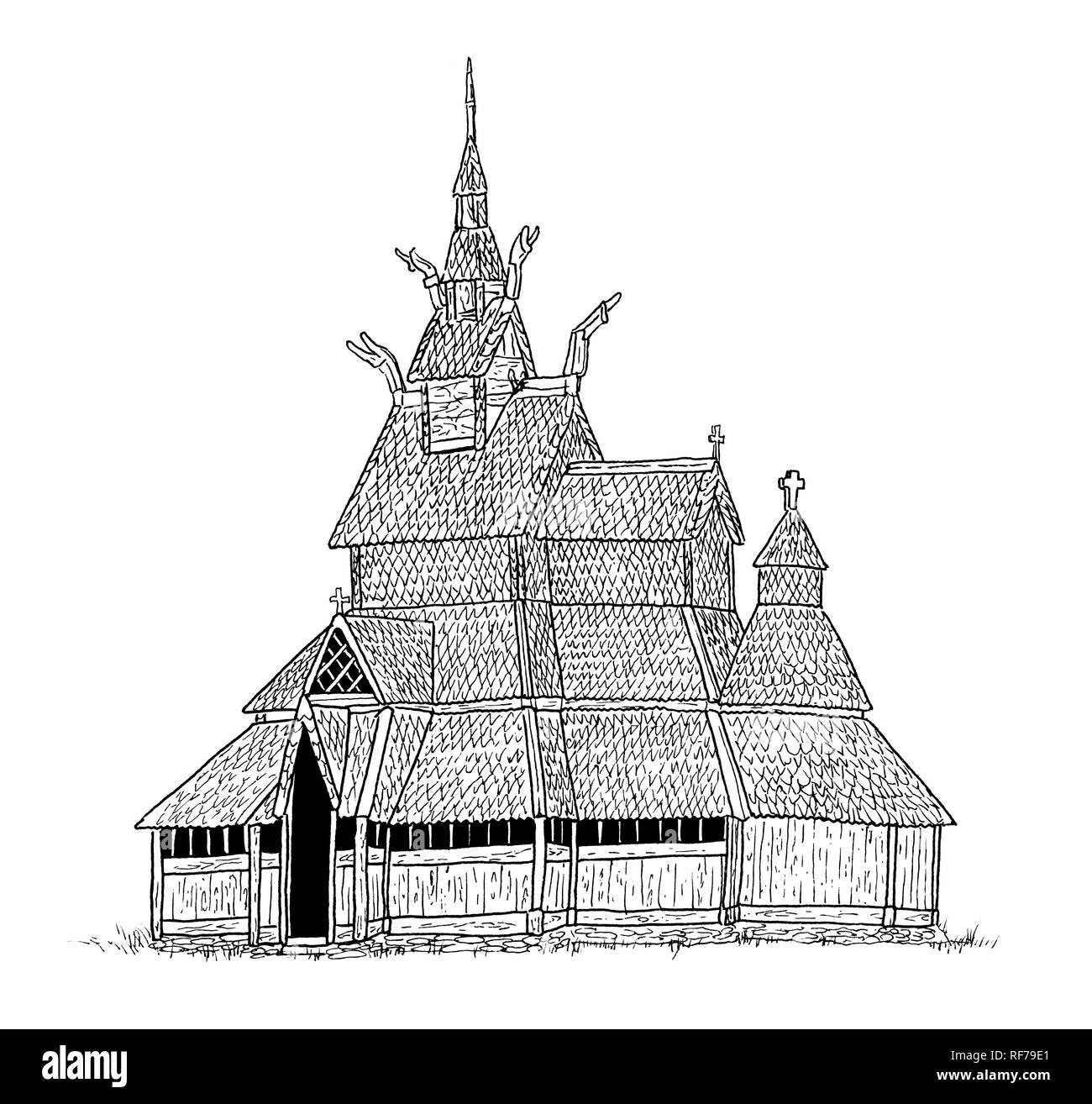 Disegno del norvegese doga vecchia chiesa in Saele, Sogn og Fjordane. Schizzo a mano di architettura scandinava, in bianco e nero illustrazione. Foto Stock