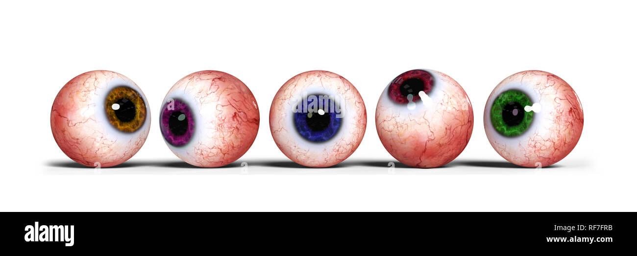 Cinque colorate realistico gli occhi umani con iris, isolato su sfondo bianco (3d illustrazione banner) Foto Stock
