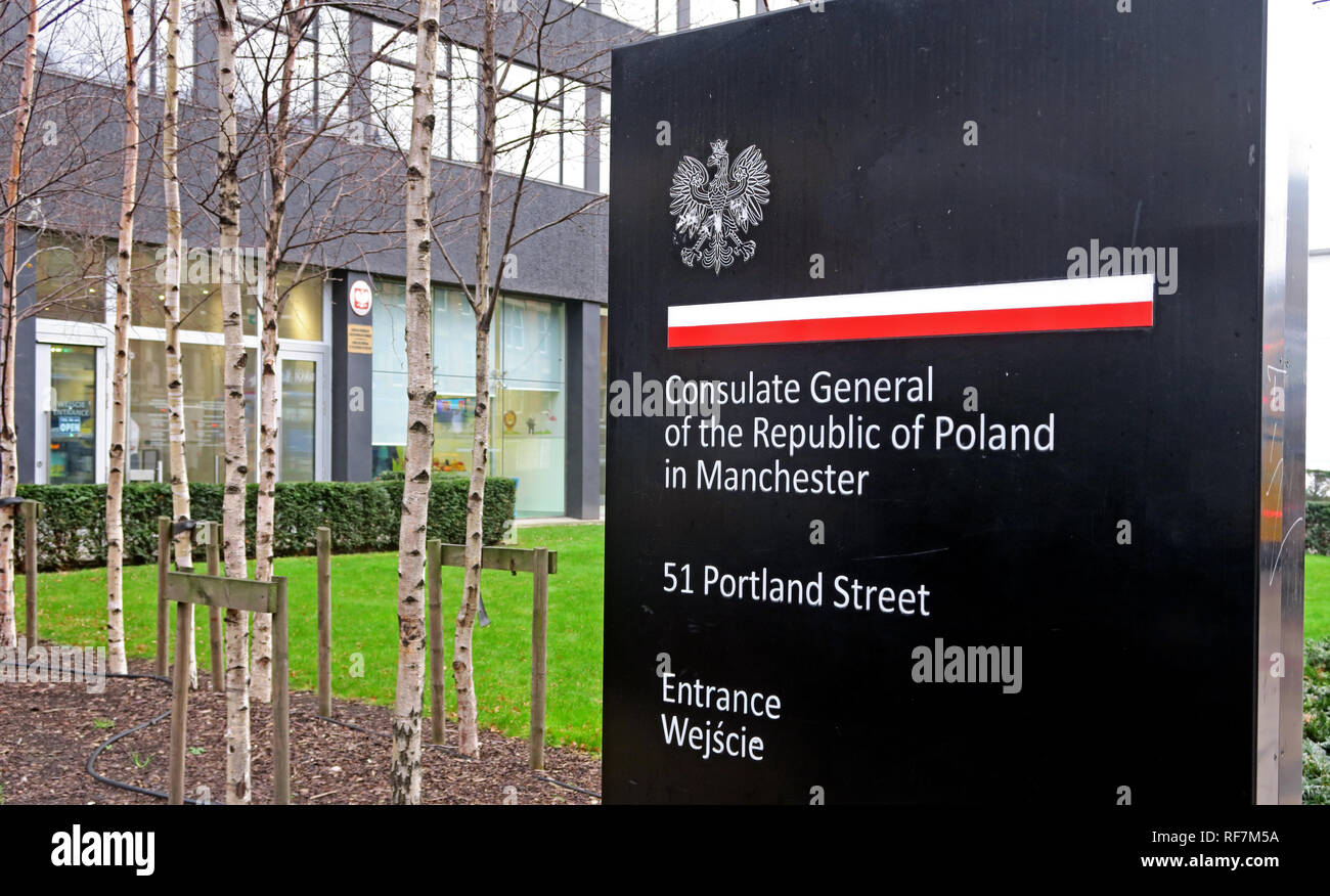 Consolato Generale Ufficio della Repubblica di Polonia, 51 Portland Street, Manchester, Regno Unito,M1 3LD Foto Stock