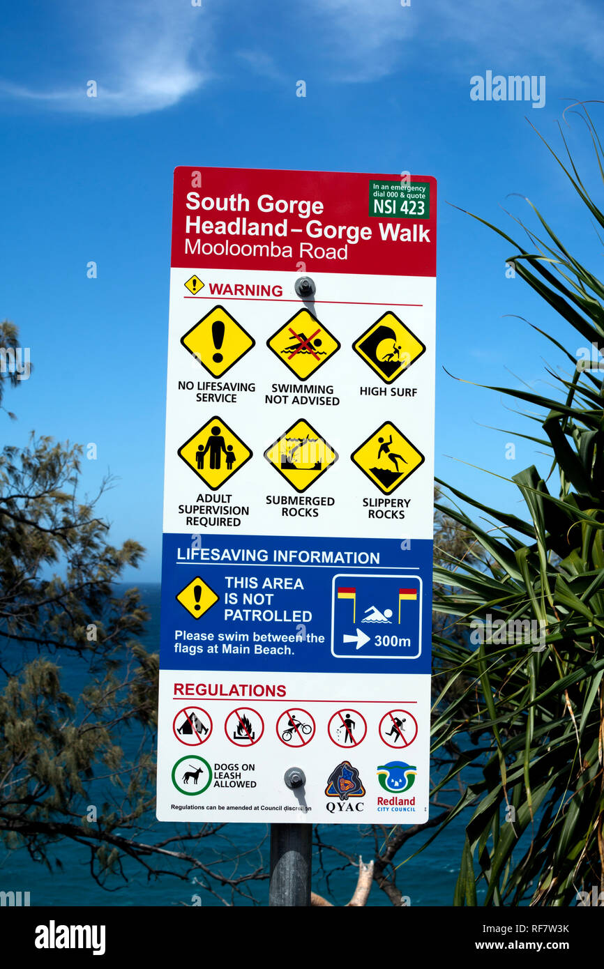 Avvertenza di sicurezza segno a sud Gorge capezzagna, Point Lookout, North Stradbroke Island, Queensland, Australia Foto Stock