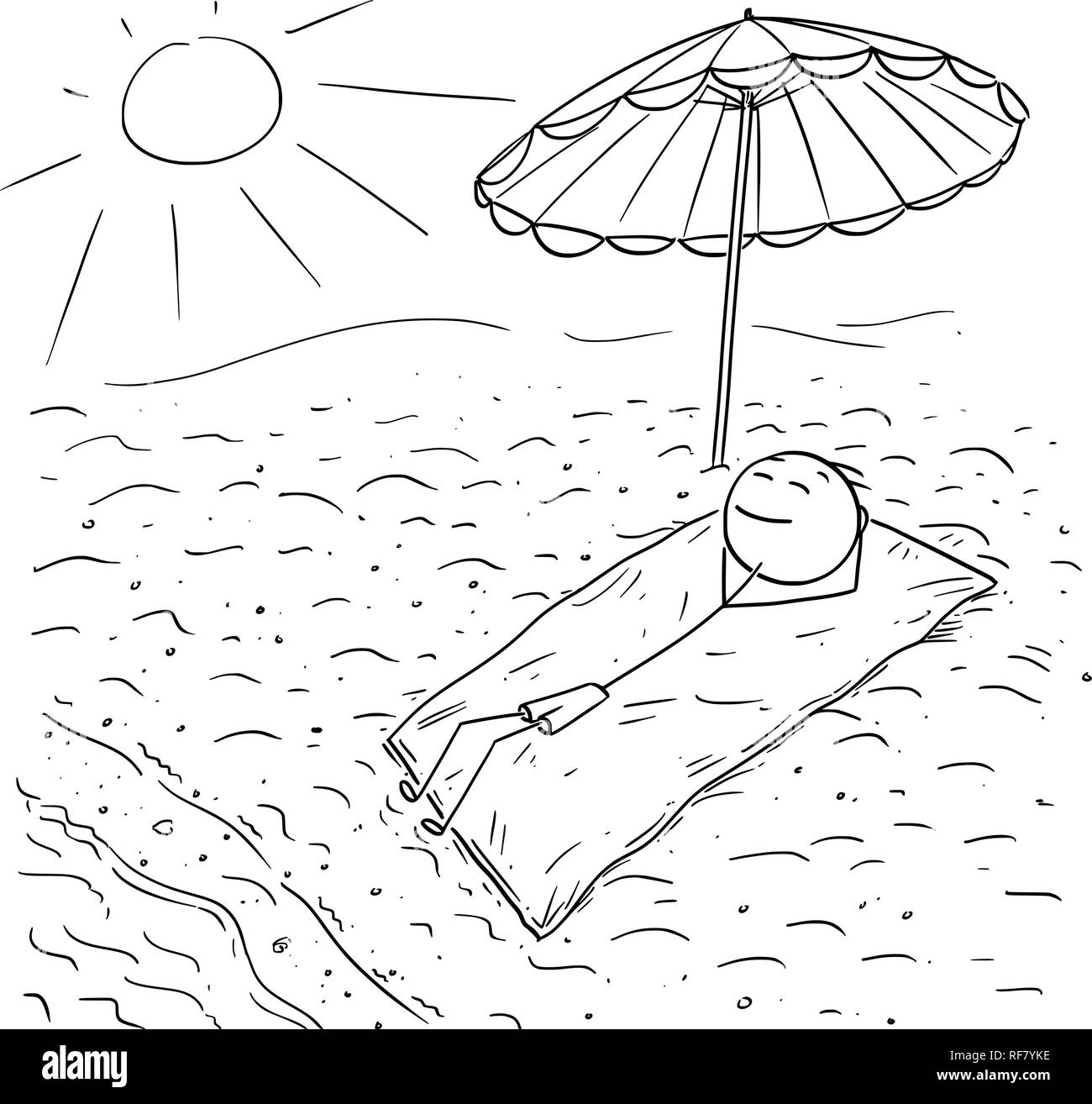 Cartoon di uomo disteso sulla spiaggia sotto ombrellone Illustrazione Vettoriale
