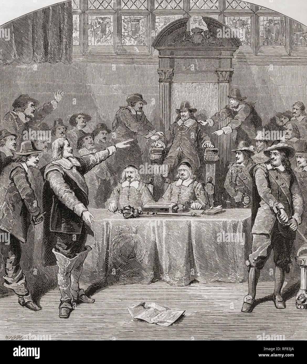 John Eliot era un difensore della libertà di discorso per la House of Commons. Durante il Parlamento del 1629 Eliot ha presentato tre risoluzioni di condanna Carlo I di imposizione illegale e politiche religiose. Charles ha ordinato al Parlamento di rinviare, ma Eliot aveva l'altoparlante della House of Commons, Sir John Finch, tenuto premuto nella sua sedia da Denzil Holles e Benjamin Valentine finché le risoluzioni sono state lette. Di conseguenza Eliot e altri sono stati arrestati e imprigionati nella Torre di Londra. Sir John Eliot, 1592 - 1632. Statista inglese. Da Londra Foto, pubblicato 1890 Foto Stock