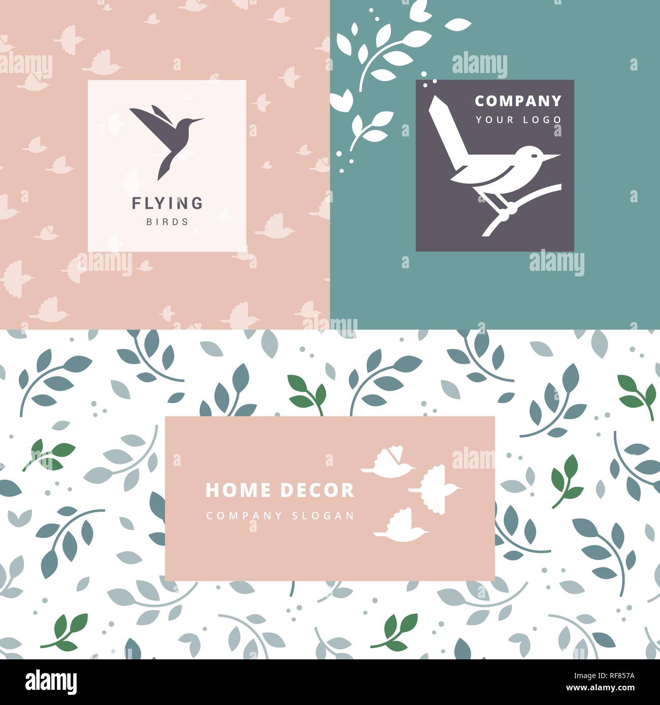 Set di vettore di uccelli in volo segno. Sagome scure isolato e seamless pattern. Illustrazione Vettoriale