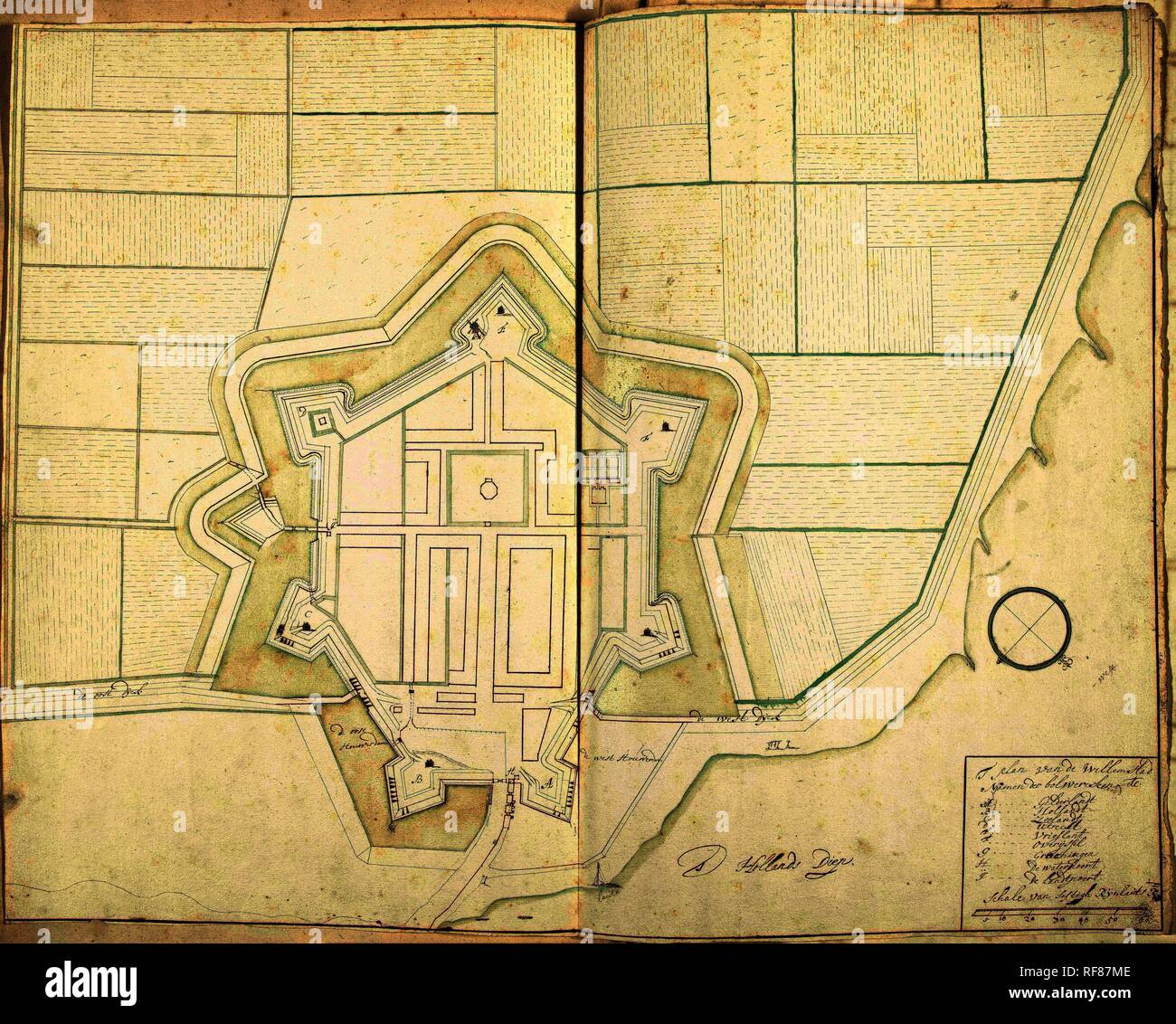 Plattegrond van Willemstad, ca. 1701-1715. T piano van de Willemstad (titolo in oggetto). Relatore per parere: Samuel Du Ry de Champdoré. Dating: 1701 - 1715. Luogo: Paesi Bassi. Misurazioni: h 451 mm × W 570 mm. Museo: Rijksmuseum Amsterdam. Foto Stock