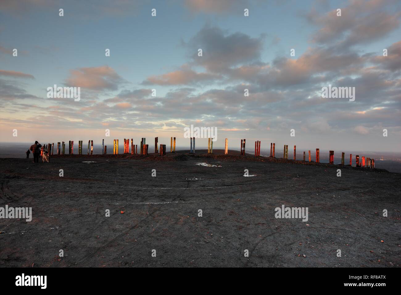 "Totem, ' installazione pezzo di arte costruita da oltre 100 traversine ferroviarie dall artista basco Agustín Ibarrola sul data mining cumuli di rifiuti Foto Stock