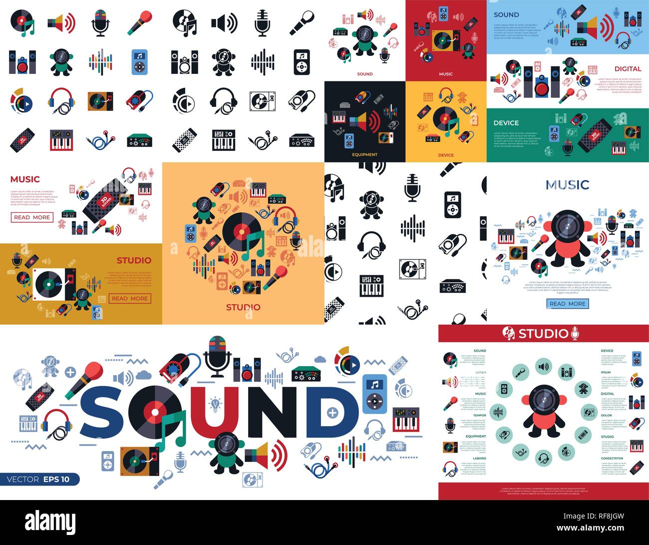 Vettore digitale studio sound design musica e strumenti semplici set di icone di raccolta stile piatto infographics Illustrazione Vettoriale