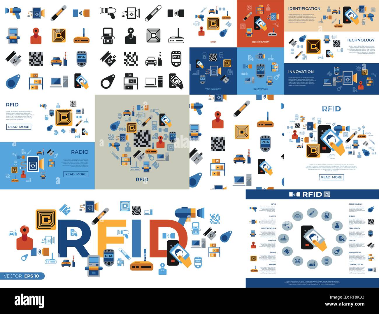 Vettore digitale la tecnologia RFID di identificazione a radio frequenza semplice chip set di icone di raccolta stile piatto infographics Illustrazione Vettoriale