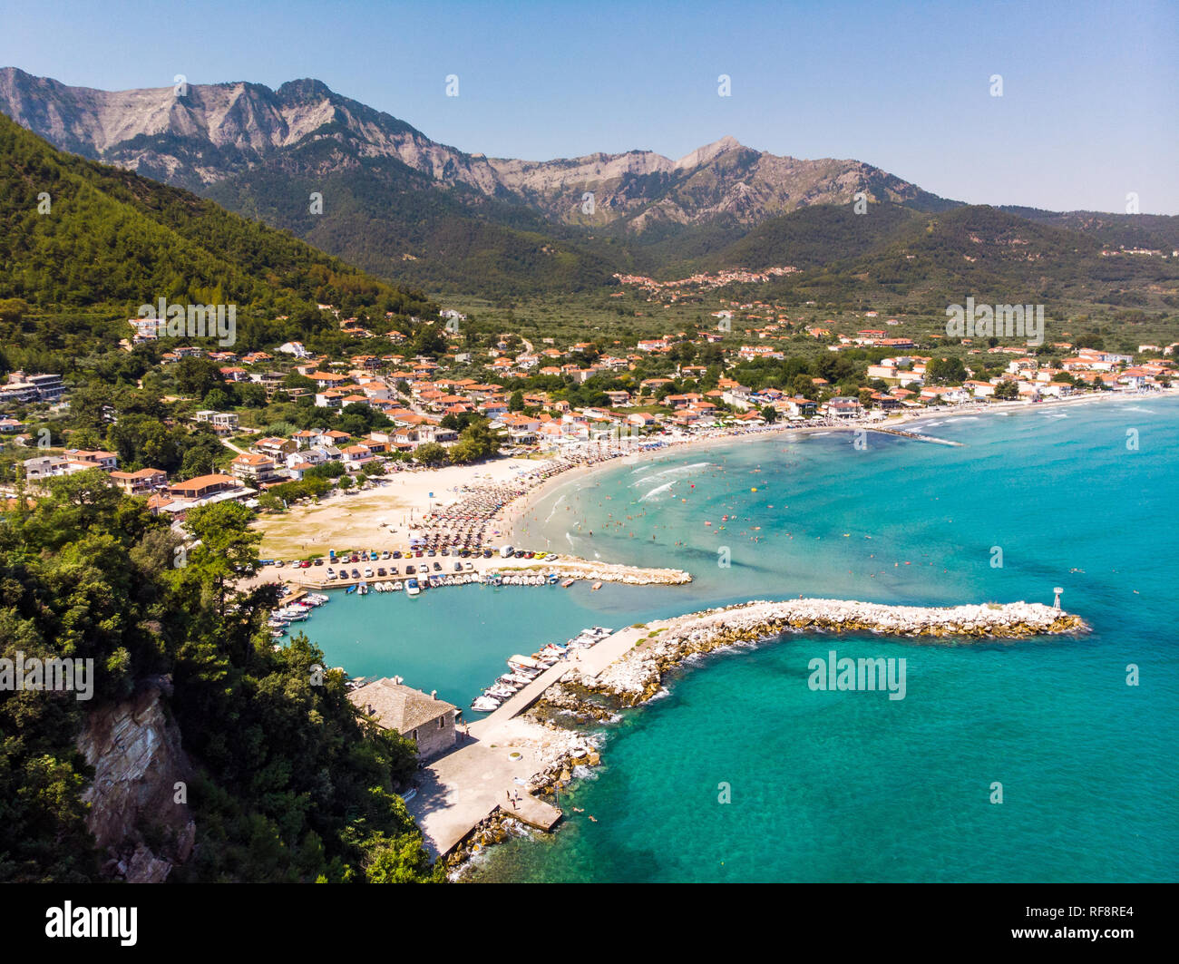 Vista aerea della spiaggia dorata in taso, Grecia Foto Stock