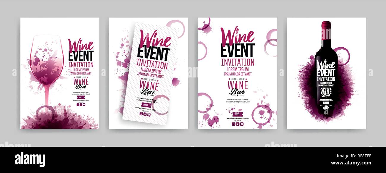 Raccolta di modelli con disegni di vino. Brochure, poster, biglietti di invito, promozione banner, menu. Le macchie di vino sfondo. Illustrazione Vettoriale Illustrazione Vettoriale