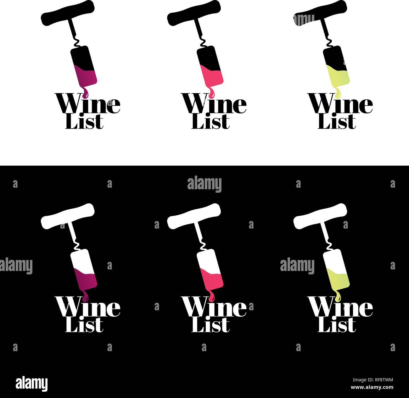 Simbolo con illustrazione del cavatappi e goccia di rosso, rosa e vino bianco.Icon lista dei vini. Logo per il vostro business di vino. Vettore Illustrazione Vettoriale
