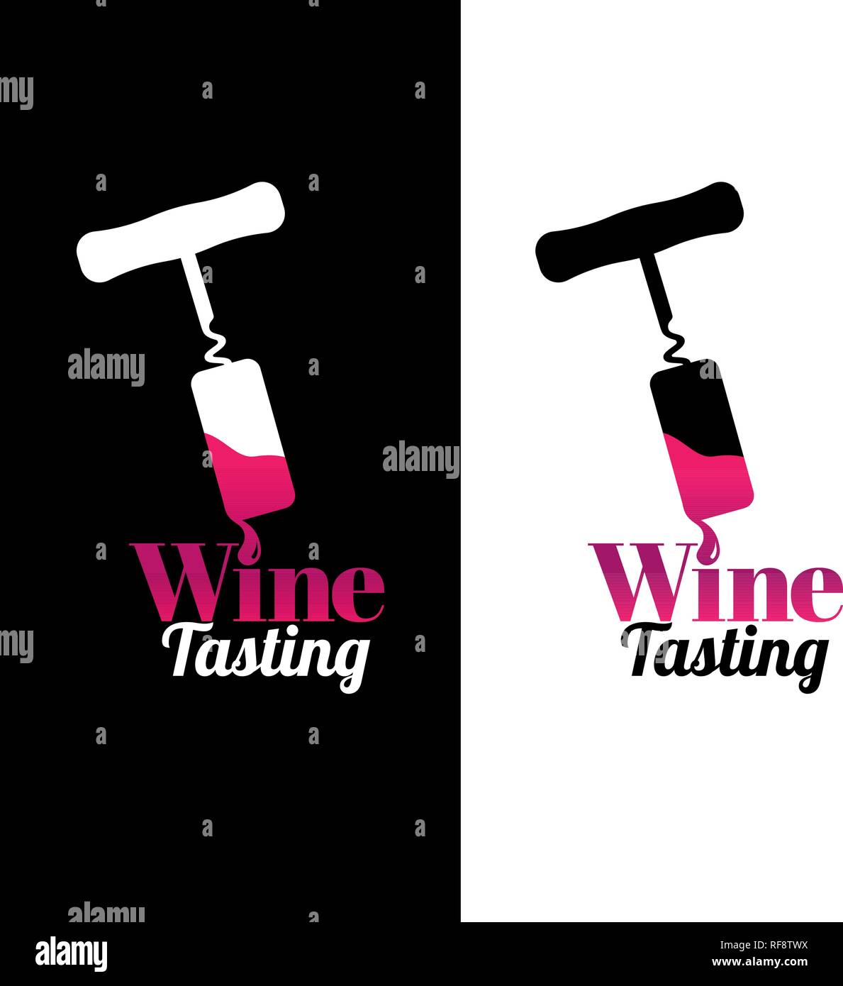 Simbolo con illustrazione del cavatappi e caduta di vino. Logo per il vostro business di vino. Icona. Esempio di testo e degustazione vino. vettore Illustrazione Vettoriale
