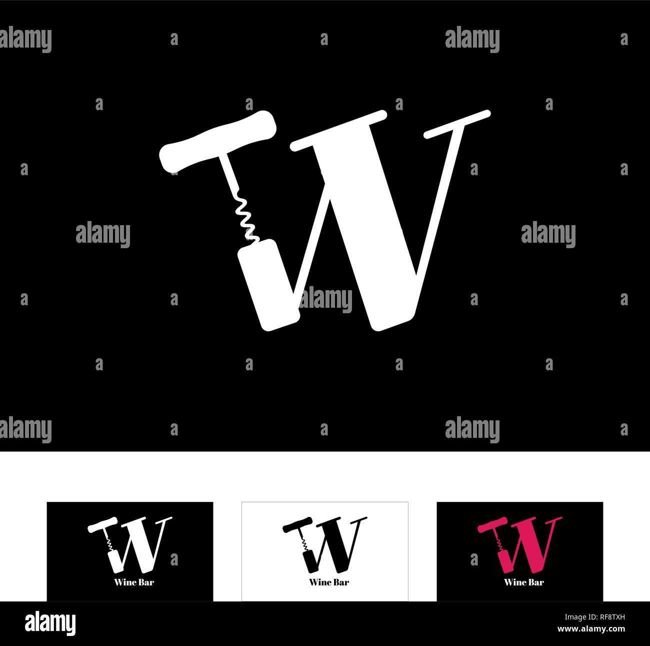 W il simbolo a lettera con il cavatappi illustrazione. Idea, concetto. Logo per il vostro business di vino. Vettore Illustrazione Vettoriale