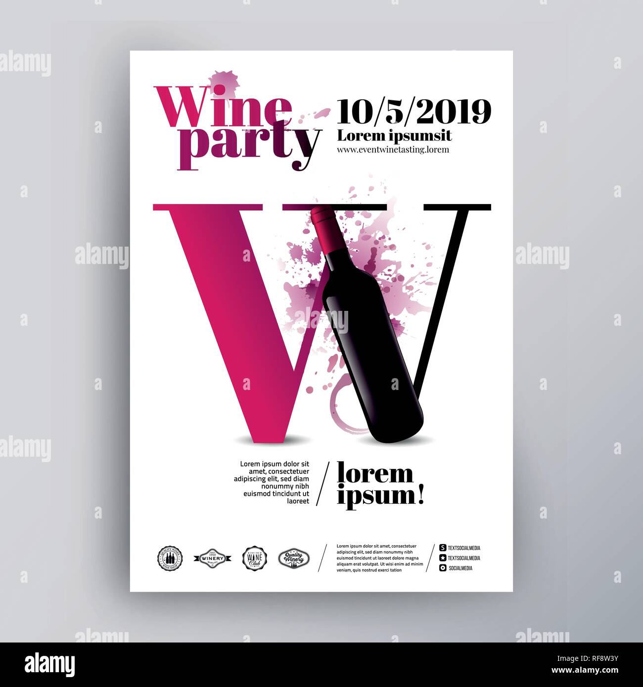 Poster o flyer design template per il vino evento. Lettera di vino di concetto e bottiglia illustrazione. Macchie di fondo e il vino scende. Vettore. Layered Illustrazione Vettoriale