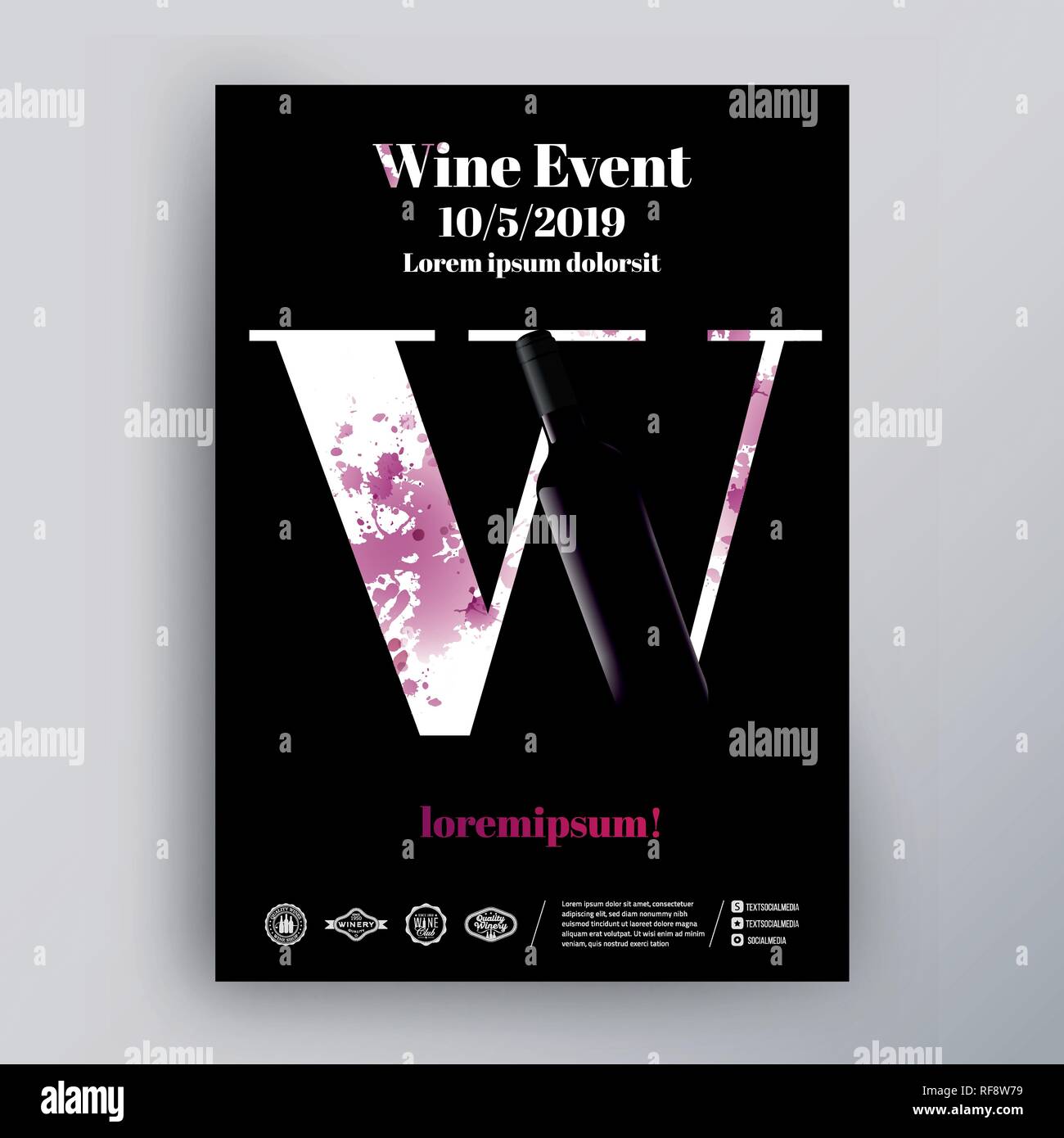 Modello per la progettazione di poster, flyer, coperchio per il vino evento. Lettera di vino di concetto e bottiglia illustrazione. Sfondo nero e le macchie di vino, classic e el Illustrazione Vettoriale