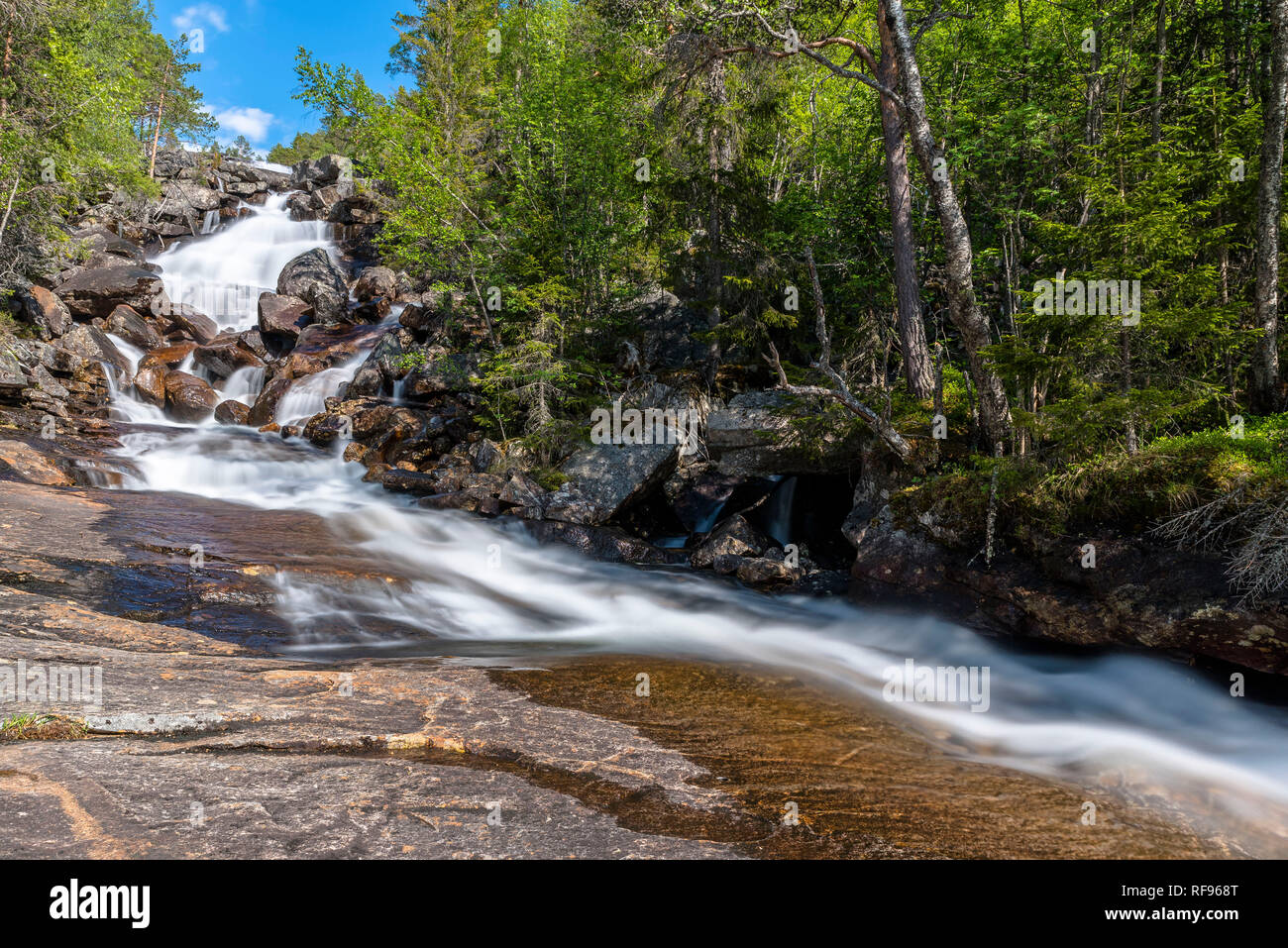 Un flusso che fluisce fuori da una cascata in una valle montuosa ricoperta da betulle in primavera i colori sotto un cielo blu. Norvegia, intorno Rysstad. Foto Stock