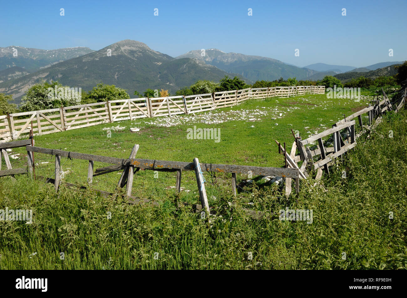Vuoto Penna di pecora aka una piegatura, Ovile, Sheepcote, penna di chiusura, penna di confinamento o enclosure di bestiame & recinzioni protettive nelle Alpi francesi Foto Stock