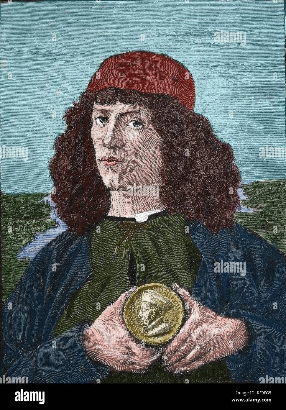 Ritratto di un uomo con medaglia di Cosimo il Vecchio, XVI secolo. Dipinto di Sandro Botticelli. Copia di un'incisione. Foto Stock