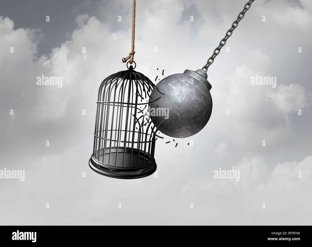 Gabbia di libertà e break free concetto come una palla di demolizione liberando una birdcage spezzando una prigione come una idea astratta di una fuga di una dipendenza. Foto Stock