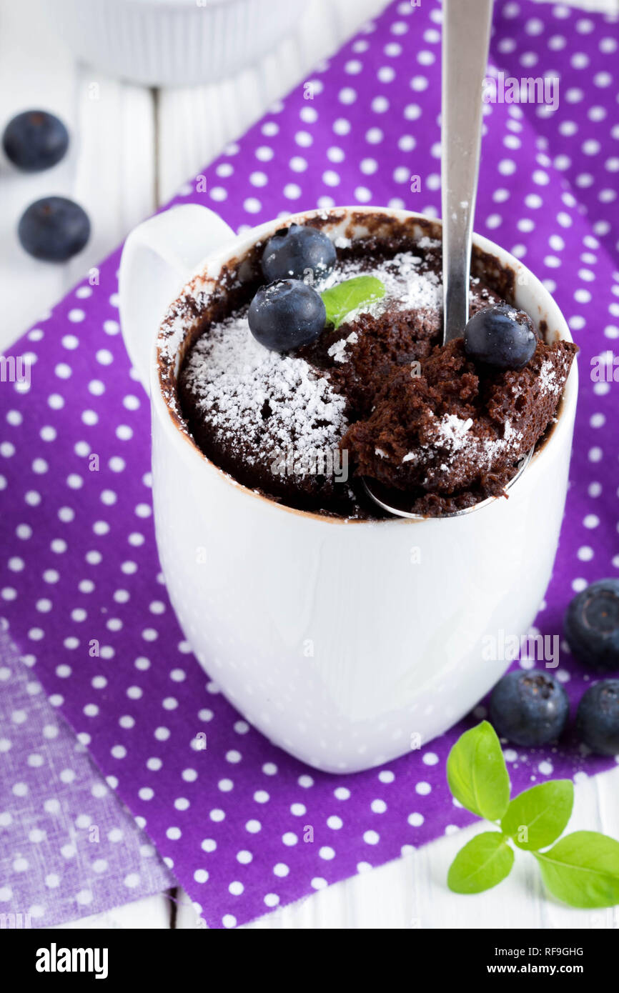 Torta al cioccolato in una tazza con mirtilli e zucchero a velo, deliziosi dessert estivo Foto Stock