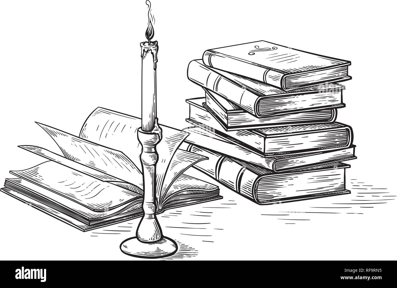Schizzo a mano il concetto di morte vecchi libri nei pressi di candela illustrazione vettoriale Illustrazione Vettoriale