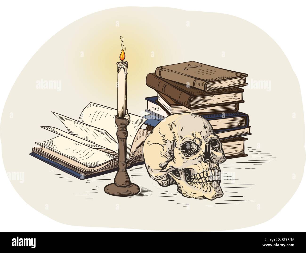 Fatte a mano schizzo colorull concetto di morte teschio umano su vecchi libri nei pressi di candela su sfondo scuro illustrazione vettoriale Illustrazione Vettoriale