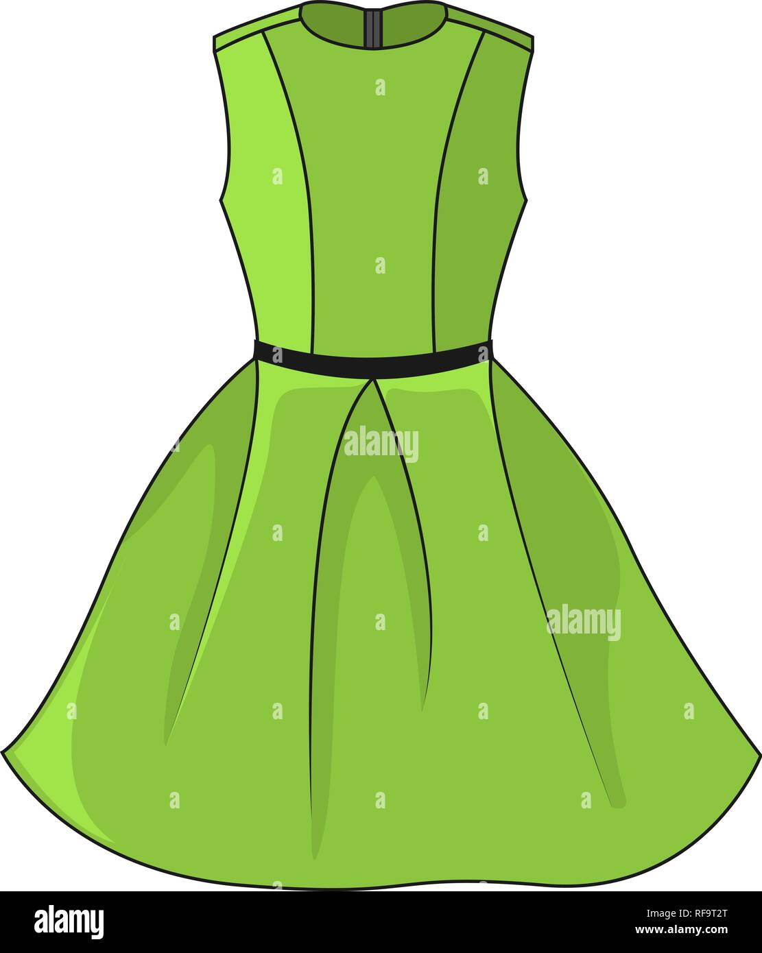 Elegante abito verde icona. Bellissimo corto abito verde con il nero/grigio scuro cintura, isolati su sfondo bianco. Abito festivo senza maniche. Vettore i Illustrazione Vettoriale