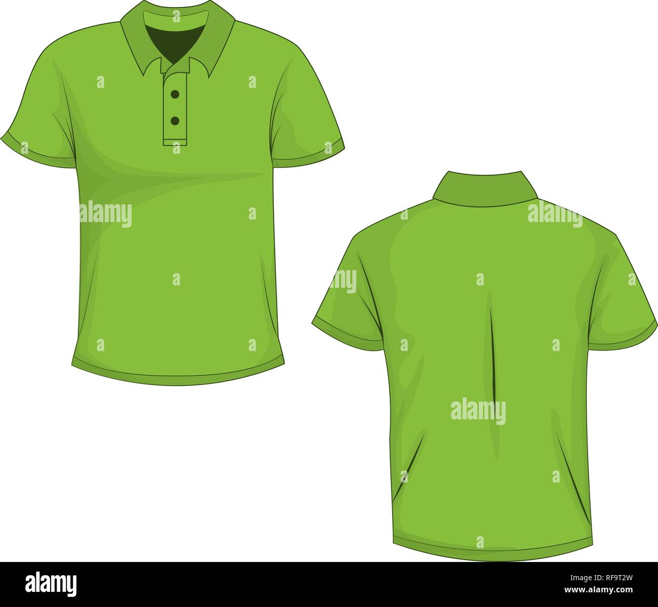 Green polo, t-shirt mock up, vista anteriore e posteriore, isolato su sfondo bianco. Design Polo shirt, modello e mockup per la stampa. Illustrazione Vettoriale, Illustrazione Vettoriale