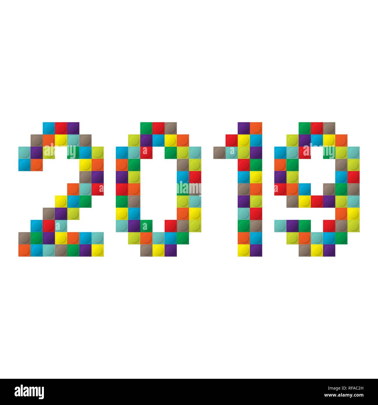 Nuovo anno 2019 numeri con kit di costruzione square elementi isolati su sfondo bianco Illustrazione Vettoriale