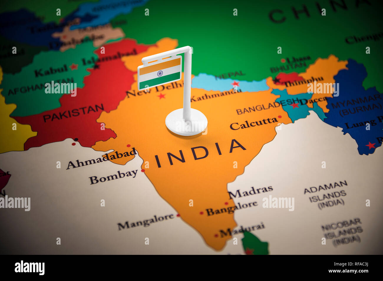 India marcati con un contrassegno sulla mappa Foto Stock