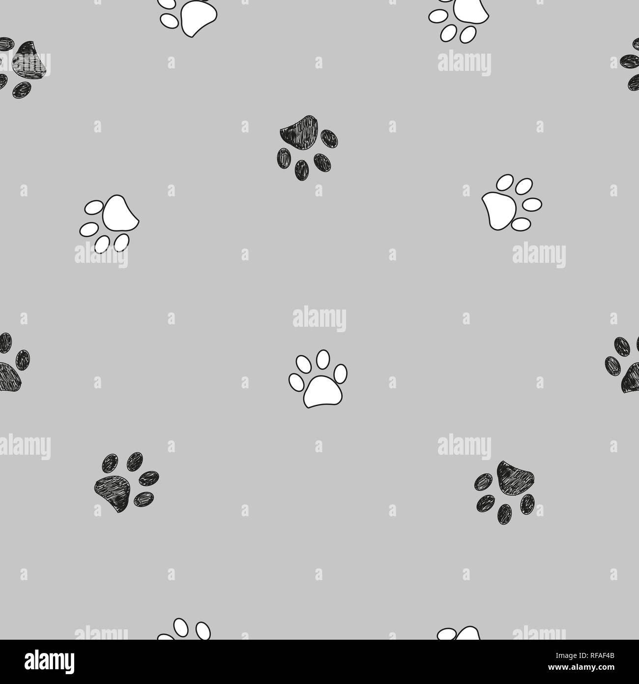 Bianco e nero paw print modello ripetuto con sfondo grigio Illustrazione Vettoriale