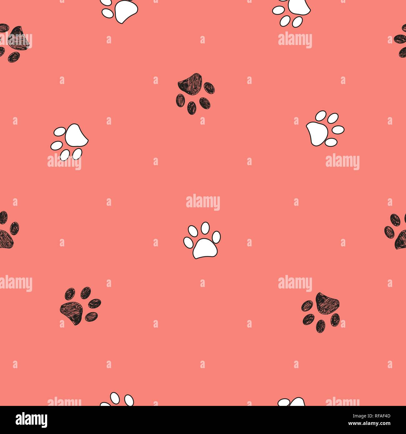 Bianco e nero paw print modello ripetuto con coralli viventi sfondo Illustrazione Vettoriale