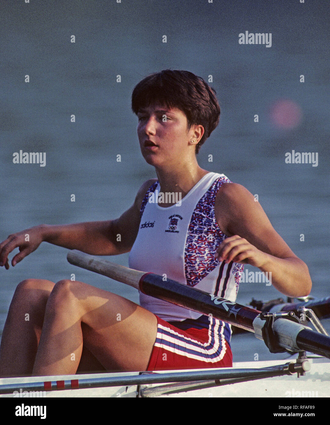 Barcellona, Spagna. GBR W4-. Kim THOMAS, 1992 Olimpico di canottaggio regata sul lago di Banyoles, Catalonia [Credito Pietro Spurrier/ Intersport immagini] Ultima volta uomini coxed coppia gareggiato alle Olimpiadi Foto Stock