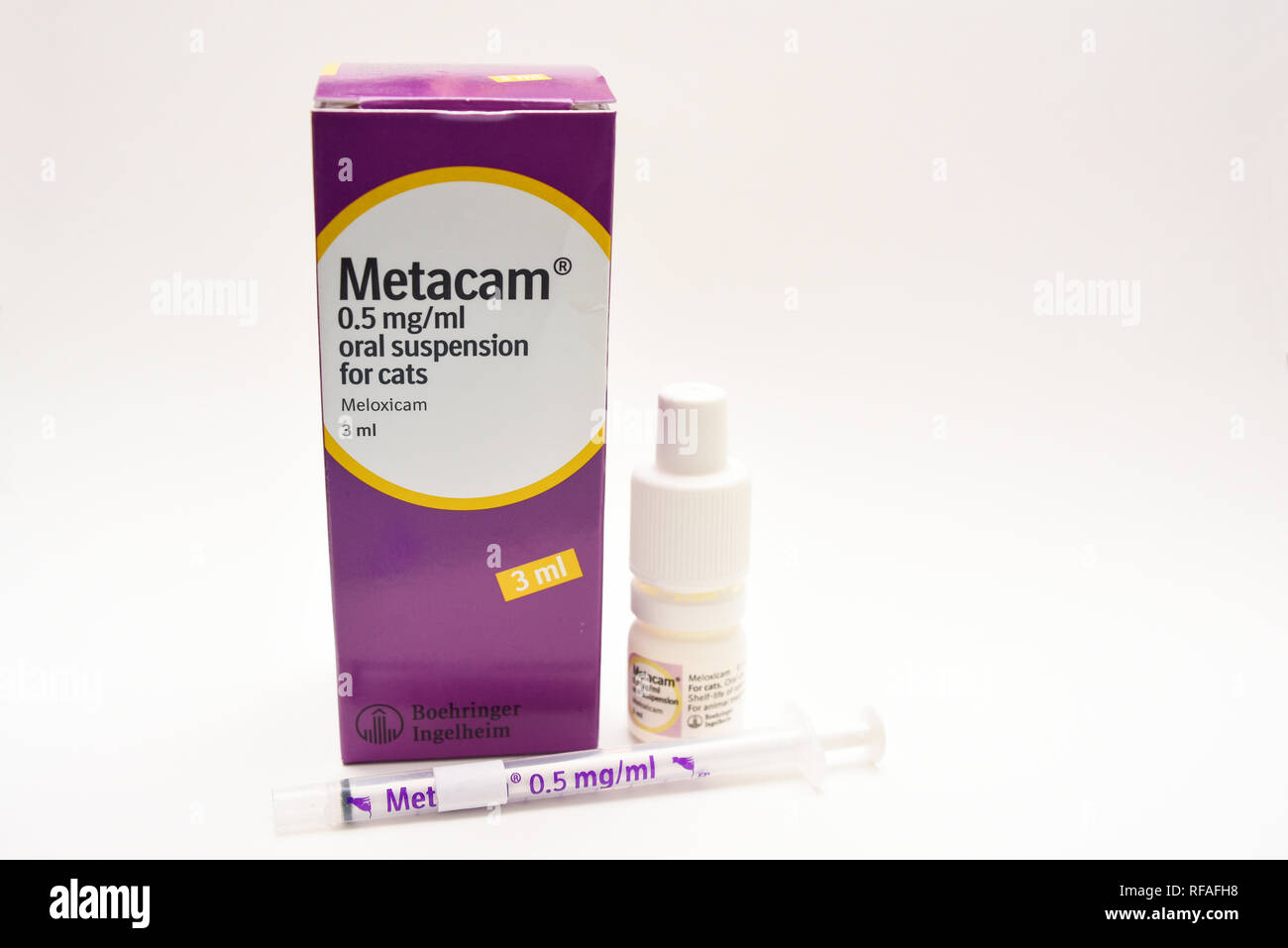 Metacam sospensione orale per gatti fatto da Boehringer, Germania Produttore di prodotti veterinari. Mediche animali per il trattamento di disturbi della pelle Foto Stock