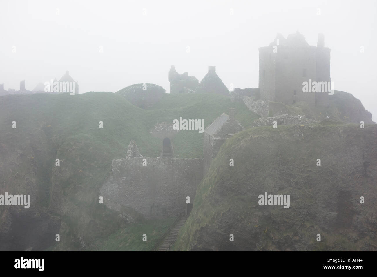 Castello di Dunnottar nella fitta nebbia, rovinato fortezza medievale vicino a Stonehaven sulla scogliera sul mare lungo la costa del Mare del Nord, Aberdeenshire, Scotland, Regno Unito Foto Stock
