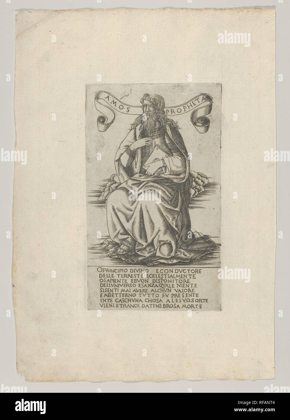 Il profeta Amos, dai Profeti e Sibille. Artista: Francesco Rosselli (Firenze 1448-1508/27 Venezia (?); dopo Baccio Baldini (italiano, Firenze 1436?-?1487). Dimensioni: foglio: 11 7/16 x 8 in. (29 × 20,3 cm) Piastra: 7 × 4 1/8 in. (17,8 × 10,5 cm). Serie/Portfolio: Profeti e Sibille. Data: 1480-90. Questa stampa è parte di una serie costituita da venti-quattro Profeti e dodici Sibille, modellato dopo la serie dello stesso oggetto da Baccio Baldini (TIB 2403.052-.089). Rosselli di incisioni sono eseguiti in modo ampio e Italianamente nello stile, mentre Baldini sono in modo fine e Foto Stock