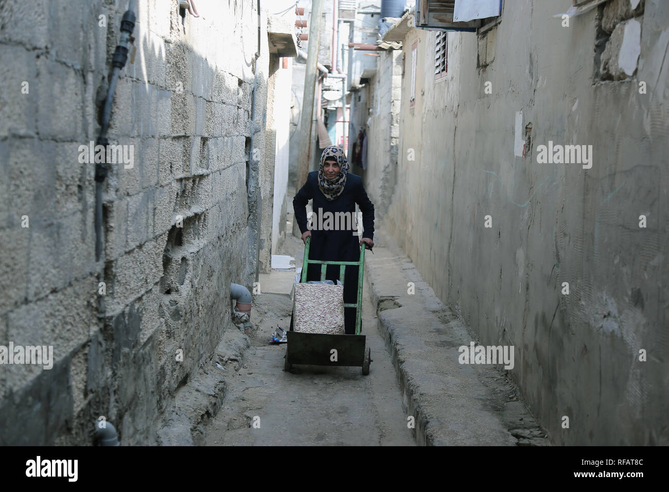 Gennaio 22, 2019 - Gaza, ???? ???????/????, Palestina - Wahida Abu Moussa visto spingendo una ruota di pistacchi a casa sua dalla fabbrica..Pistacchi da Abu Musa unità dove molte donne sbucciare le arachidi dalla fabbrica nella parte meridionale di Gaza city di Rafah. (Credito Immagine: © Yousef Masoud/SOPA immagini via ZUMA filo) Foto Stock