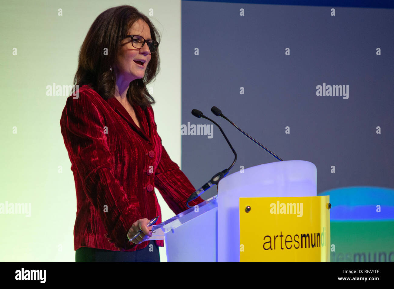 Cardiff, Regno Unito. Il 24 gennaio, 2019. Francesca Donovan annuncia Gwenno allo stadio al Artes Mundi 8 Award. Credito: Ben riso Credit: Ben riso/Alamy Live News Foto Stock