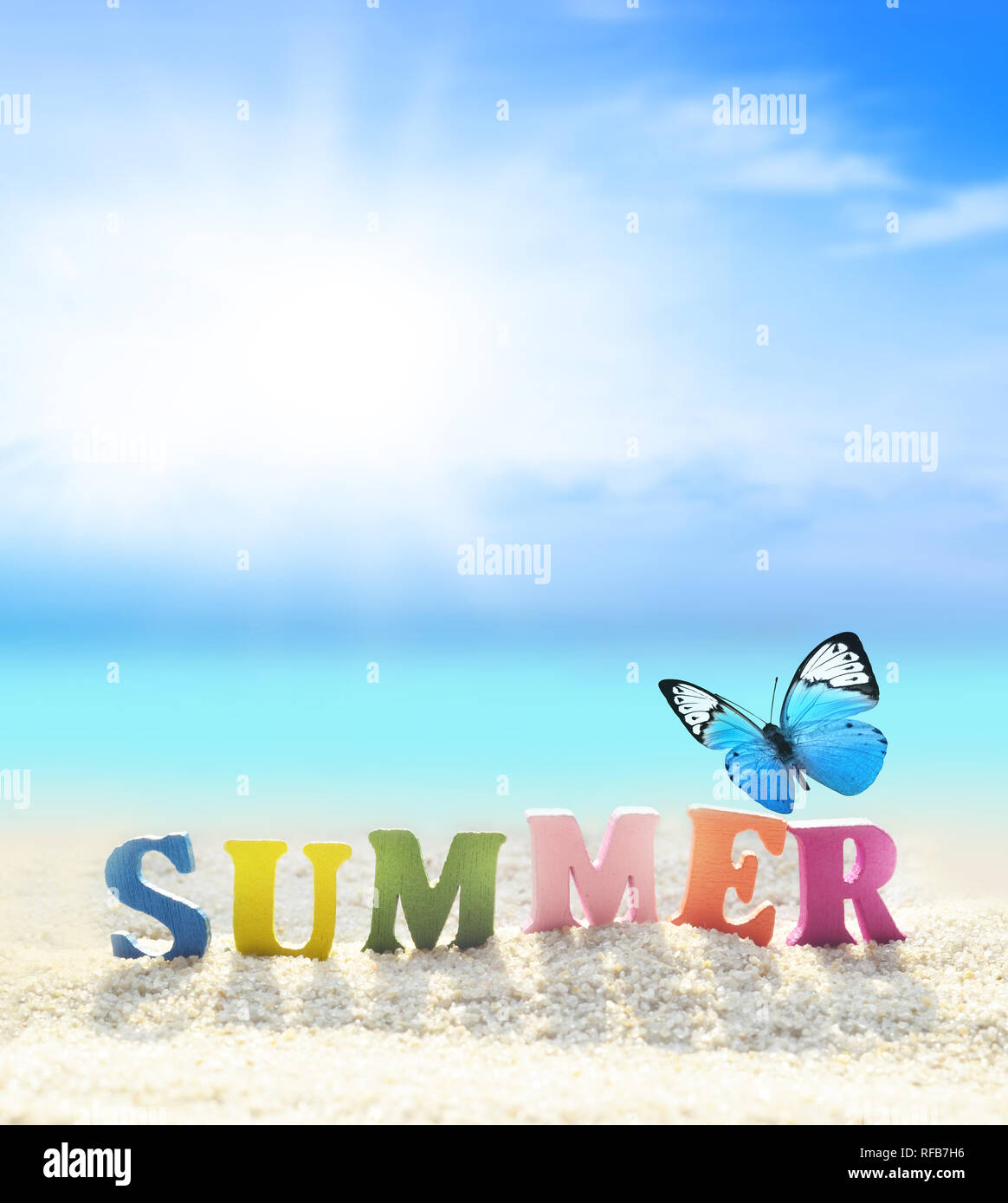Summer Beach. Parola estate di lettere di colore sulla spiaggia di estate e butterfly su uno sfondo di oceano. Foto Stock