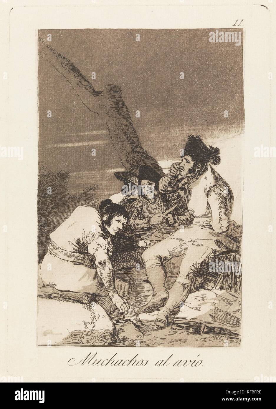 Francisco de Goya y Lucientes / "Ragazzi rendendo pronto'. 1799. Incisione acquatinta, Burnisher, bulino su carta. Museo : Museo del Prado di Madrid, España. Foto Stock