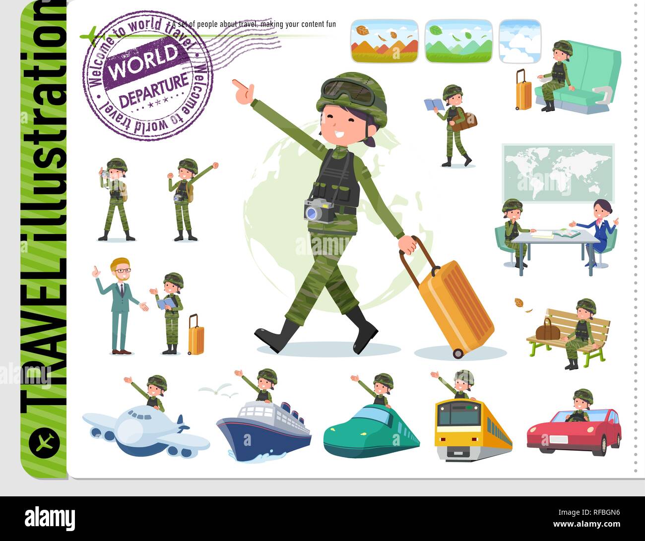 Un set di esercito di donne sul viaggio.Ci sono anche i veicoli come le navi e aerei.it vettore dell'arte così è facile da modificare. Illustrazione Vettoriale