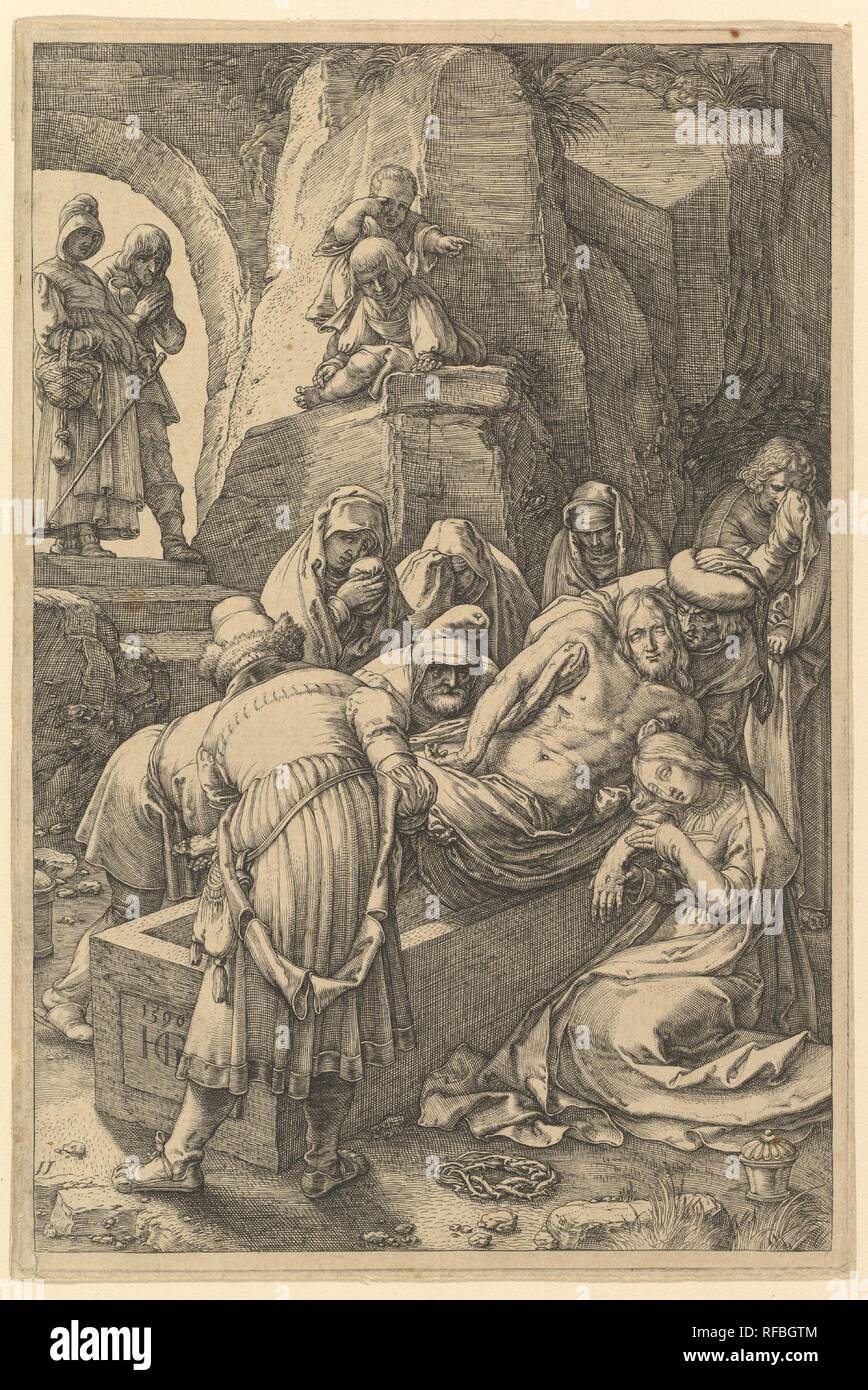Tumulazione, dalla passione di Cristo. Artista: Hendrick Goltzius (Netherlandish, Mühlbracht 1558-1617 Haarlem). Dimensioni: foglio: 8 1/16 x 5 7/16 in. (20,5 x 13,8 cm). Data: 1596. Tra 1596 e 1598 Goltzius inciso questa serie di dodici stampe illustranti la Passione di Cristo. Essi riflettono l'influenza dell'artista Netherlandish Lucas van Leyden, in entrambi i tipi di figura e la vera e propria tecnica di incisione. In contrasto con il suo normale stile grafico che è stato caratterizzato da una linea drammatica che si gonfia e si rastrema intorno alle figure e sfondo, qui Goltzius utilizza anche sottile lin Foto Stock Tumulazione, dalla passione di Cristo. Artista: Hendrick Goltzius (Netherlandish, Mühlbracht 1558-1617 Haarlem). Dimensioni: foglio: 8 1/16 x 5 7/16 in. (20,5 x 13,8 cm). Data: 1596. Tra 1596 e 1598 Goltzius inciso questa serie di dodici stampe illustranti la Passione di Cristo. Essi riflettono l'influenza dell'artista Netherlandish Lucas van Leyden, in entrambi i tipi di figura e la vera e propria tecnica di incisione. In contrasto con il suo normale stile grafico che è stato caratterizzato da una linea drammatica che si gonfia e si rastrema intorno alle figure e sfondo, qui Goltzius utilizza anche sottile lin Foto Stock