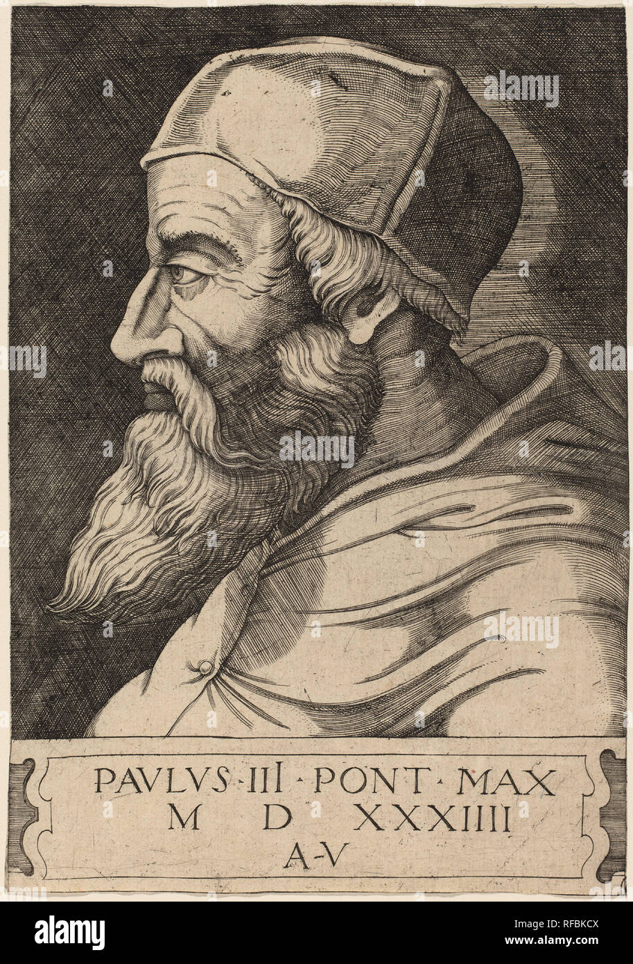 Papa Paolo III. Data: 1534. Medium: incisione. Museo: National Gallery of Art di Washington DC. Autore: AGOSTINO DEI MUSI. Foto Stock